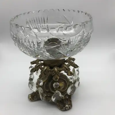 Vintage Crystal Bowl on Gold Tone Metal Stand with Crystals, View more