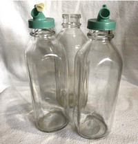 Set of 3 One Quart Milk Bottles, 2 with Plastic Lids 
