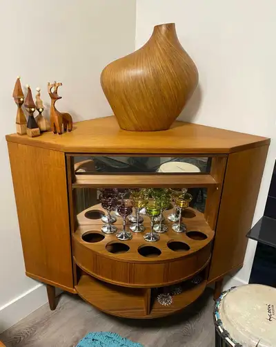 Mid century danish teak corner bar, View more