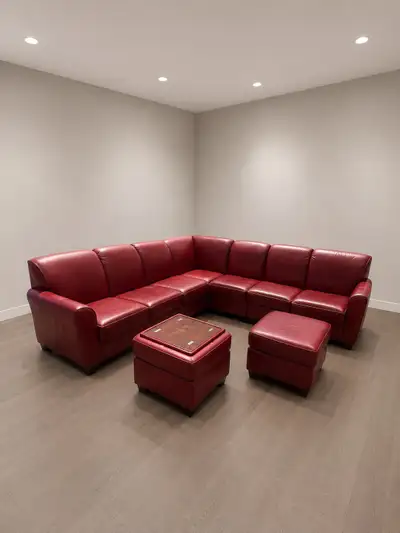 Modular 7 Seater Red Leather Sectional with 2 Ottomans, View more