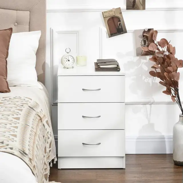 White Bedside Table with 3 Drawers, Modern Wood Nightstand in Dressers & Wardrobes in Markham / York Region - Image 7
