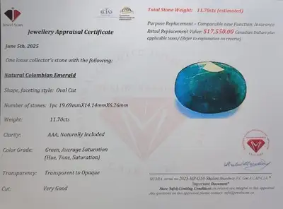 Certified 11.70 Carat Natural Colombian Emerald – Appraised 17K, View more