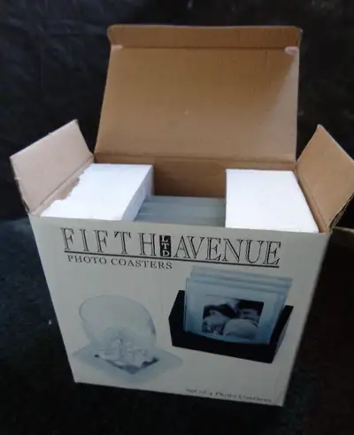 4 Photo coasters - Set of 4 - Fifth Avenue Ltd. 3.75 inch beveled glass coasters with black wooden c...
