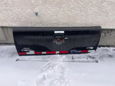This is a tailgate removed from a 1997-2007 Ford F150-F350 series truck. It is black with a red and...