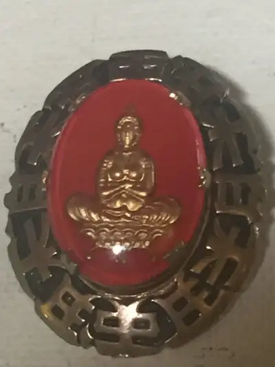 Vintage Chinese Gold Tone RED Center Buddha Brooch, View more
