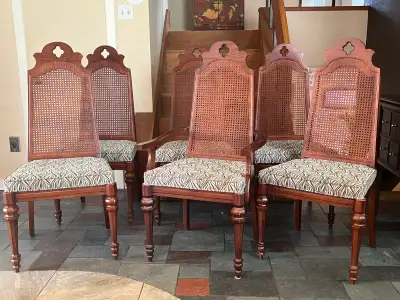 VINTAGE SET OF 6 CANE BACK SPANISH MEDITERRANEAN DINING CHAIRS, View more