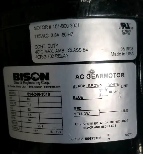 New Bison AC Gearmotor 014-248-3019 19:1 1/6hp 115v 87rpm in Other in City of Toronto - Image 3