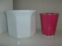 2 Flower Pots – White Ceramic and Pink Metal