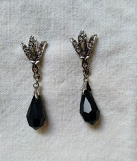 Vintage Earrings with Jet Beads and Crystals