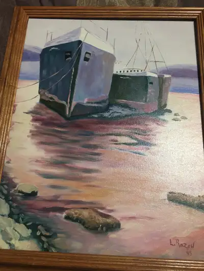 Original oil painting of a freighter At low tide signed by artist L . Roxanne painted in1995 . 17” w...