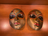 Vintage Bronze Brass Metal Enameled Full Face Wall Drama Mask