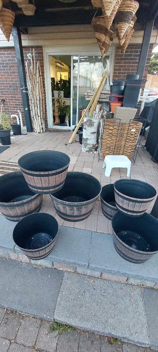 BRAND NEW BARREL PLANTERS .4 sizes available.  $15and up  in Patio & Garden Furniture in Mississauga / Peel Region