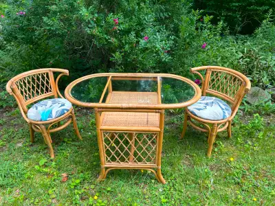 Wicker glass top table and chairs, View more