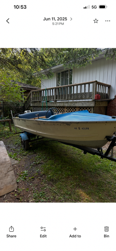 13 ft. Aluminum fishing boat with a 15 HP Johnson outboard motor. She’s older and has seen plenty of...