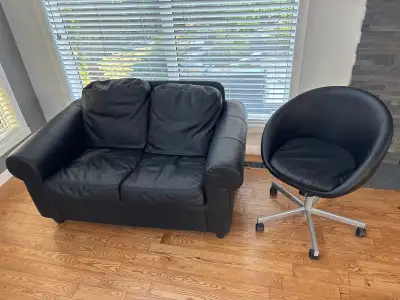 Black leather type loveseat and office chair, View more
