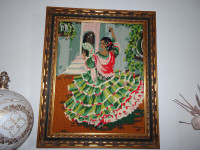 Vintage Needlepoint Art, Flamenco Dancing Woman Framed.