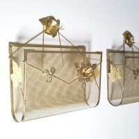 PAIR OF VINTAGE MCM BRASS WIRE MESH WALL HANGING BASKETS