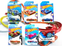 5 Hot Wheels race cars, one has a moving part
