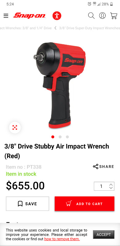 New Snap-on PT338 stubby air impact wrench 3/8 Drive (Red) in Power Tools in City of Toronto - Image 2