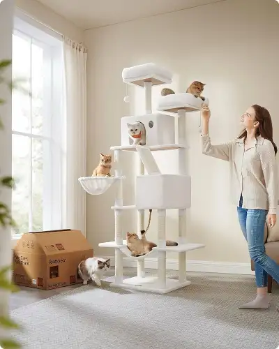 Cat Tree, Height 206 cm, with 13 Scratching Posts, 2 Platform, 2 Kennels, Basket, Hammock, Pompom, P...