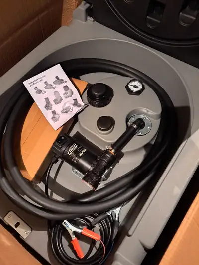 New 280liter Fuel Transfer Poly Tank, with 12volt pump and battery cables. 12ft hose .