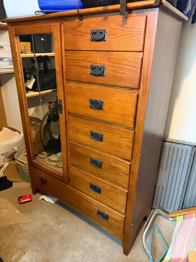Solid Oak Cabinet / Dresser with Drawers, Shelving and Mirror, View more