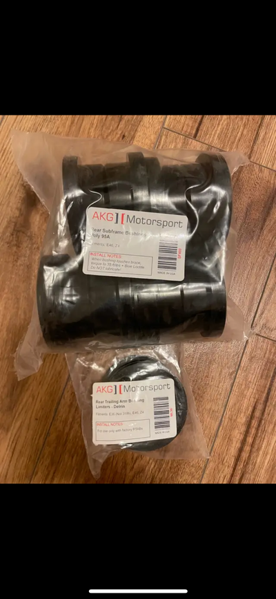 Brand new Sealed AKG Motorsport rear subframe bushings poly 95A Brand new sealed rear trailing arm b...