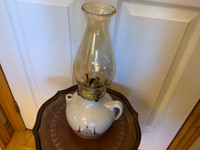 Vtg Quebec Maple Syrup Crock Oil Lamp w Amber Coloured Hurricane