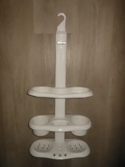 Shower caddy, black curtain, hooks, View more