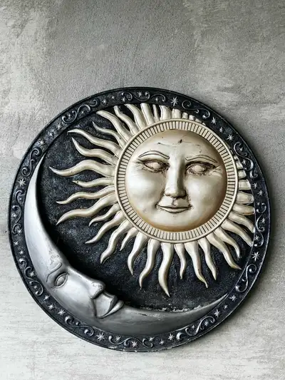 Gorgeous 3D sun moon wall decor made of hard plaster / concrete mix. 18” diam. @ WESTBORO Jolie déco...