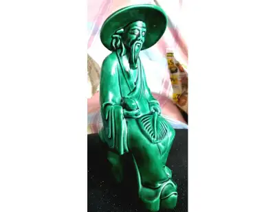 Vintage green glaze porcelain figurine old sitting man, great condition, size 4" width by 2 1 2/" de...