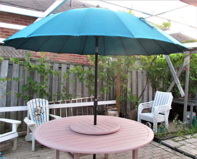 DEVON Patio Set 9' Umbrella 64" Table 27" Lazy-Susan 6 Armchair in Other in Stratford - Image 2