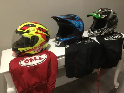 Bell helmet, size small good condition, $40, Zox blue Mx helmet size large good condition $25, Zox g...