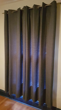 Window Coverings – Dark blue drapes, blinds and hardware