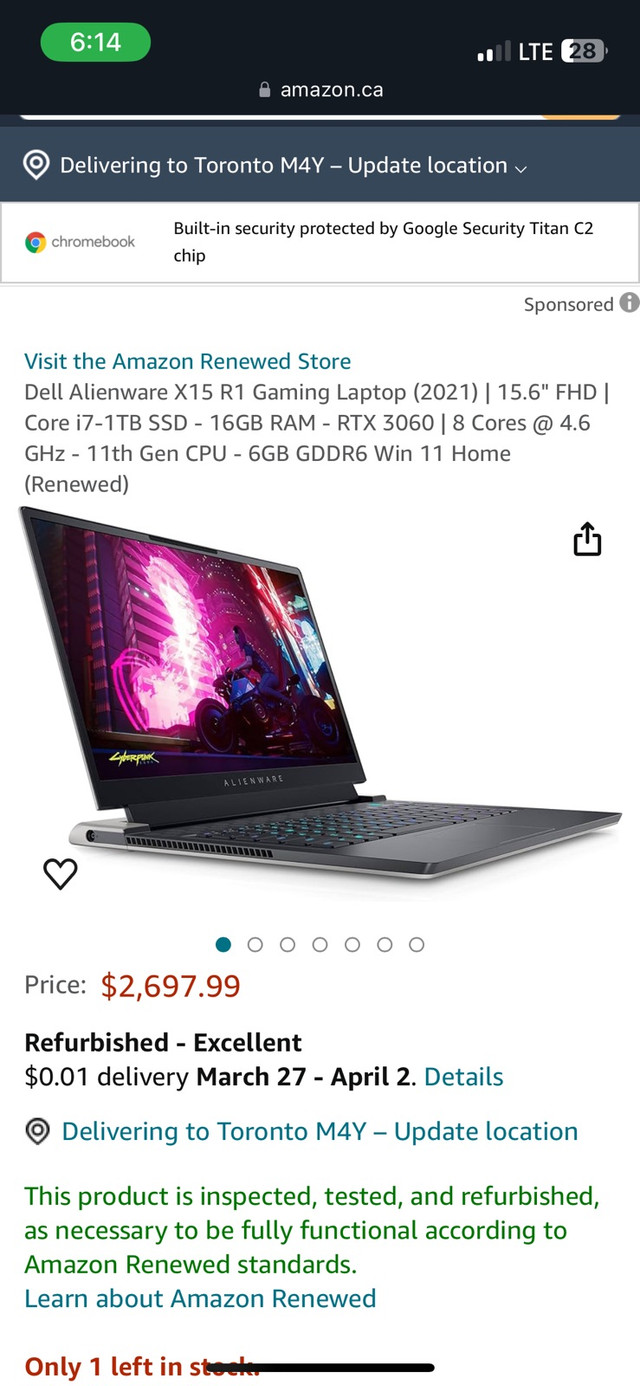used alienware X15 R1 3060 15.6 in Laptops in City of Toronto - Image 2