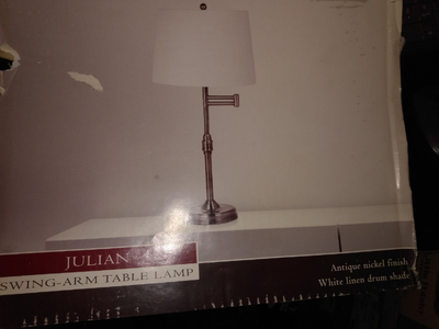 Julian Swing-Arm Table Lamp Antique Nickel/W. Linen Shade – NEW, View more