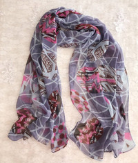 100% Silk Feeling Chiffon Oblong Scarf Blue Brown Floral