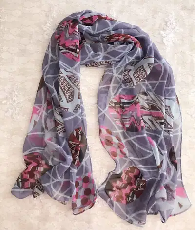 100% Silk Feeling Chiffon Oblong Scarf Blue Brown Floral, View more
