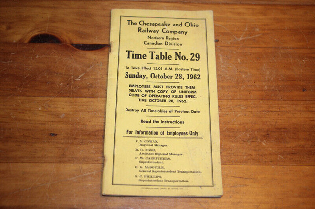 The Chesapeake and Ohio Railway Company Time Table 1962 in Arts & Collectibles in London