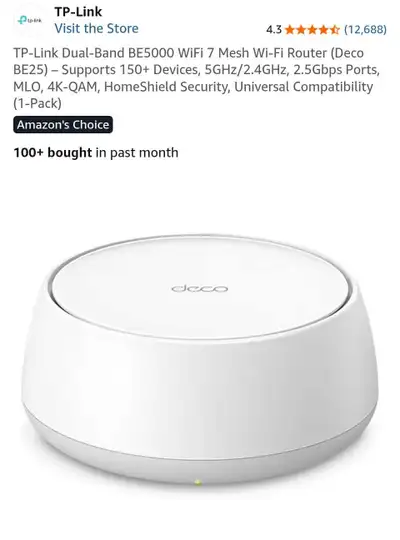 5 months of use. Selling a TP-Link Deco BE25 (BE5000) WiFi 7 mesh Wi-Fi router, which supports 150+...