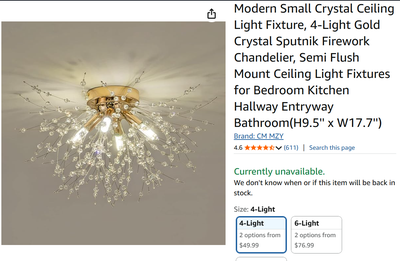 New Modern Small Crystal Ceiling Light Fixture, 4-Light, View more