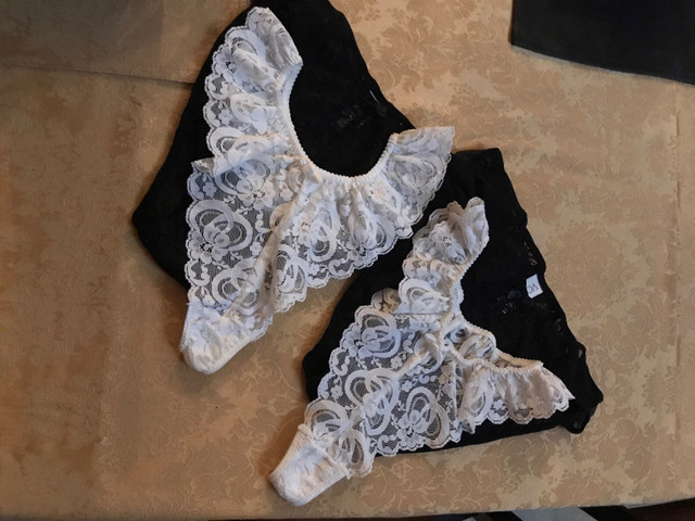 New Black Lace Bikinis & White Thongs  Panty Set - Size L in Multi-item in Medicine Hat