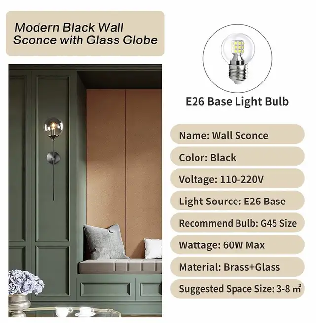 KCO Modern Light Smoke Grey Glass Globe Wall Sconce Black Matt in Indoor Lighting & Fans in City of Toronto - Image 4