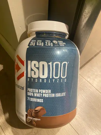 Large 5 lb Dymatize ISO100 protein powder container. The tub is partially used (see photos for curre...