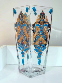 Elegant Square 9.5" Hand-Painted Hand-Designed Glass Vase