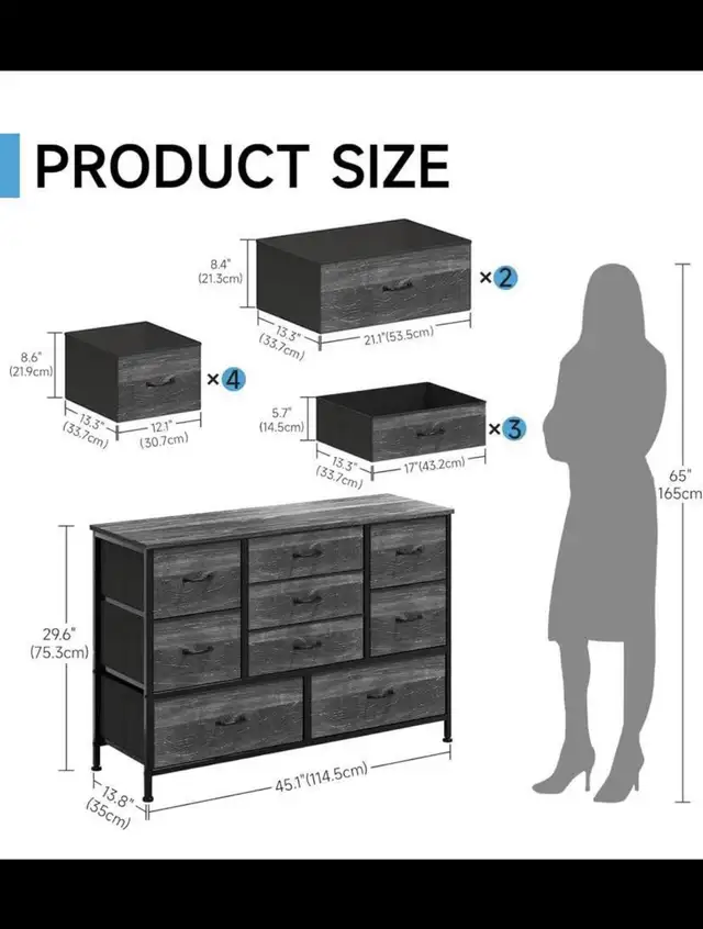 Flrrtenv Tall 9 Drawers Dresser Storage with Wood Top, TV Stand, in Dressers & Wardrobes in Hamilton - Image 3