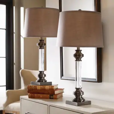 Set of 2 Antique Dark Nickel Table Lamps Fabric Shades, LED Bulb, View more