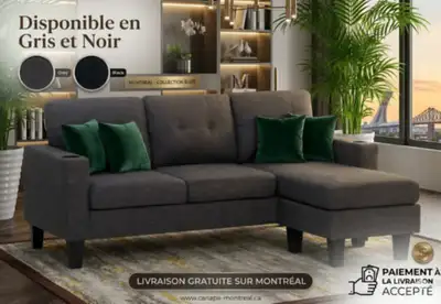 Canapé Sectionnel Moderne en Tissu – Gris & Noir | Livraison, View more
