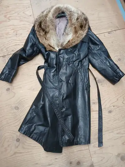 Long vintage coat, leather with wolf fur collar., View more
