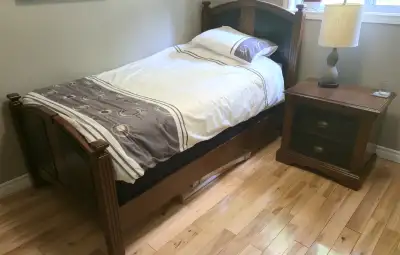 Wood Twin Bedframe and Matching End Table, View more